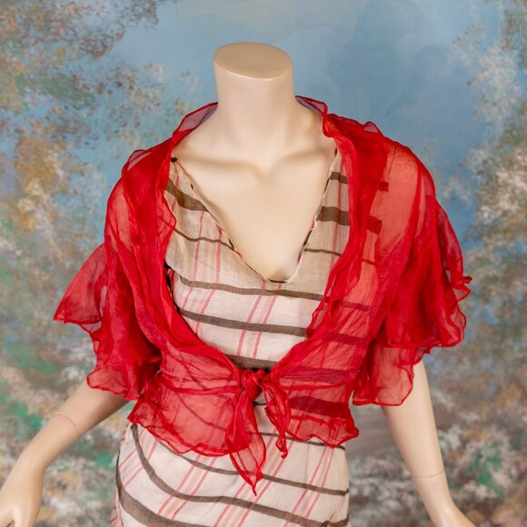 SOLD * 1930s Bias-Cut Plaid Maxi Dress w/Red Sheer Ruffle Overlay Set - Picture 5 of 17